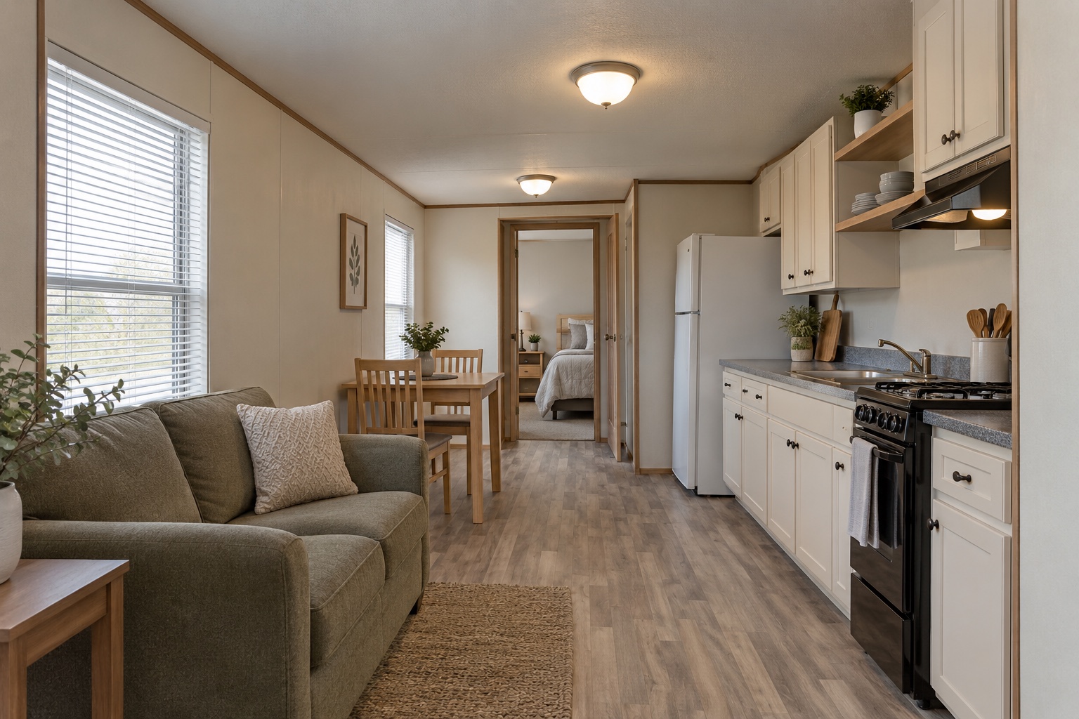 Realistic long living, dining and kitchen room inside the Vista 384 mobile home