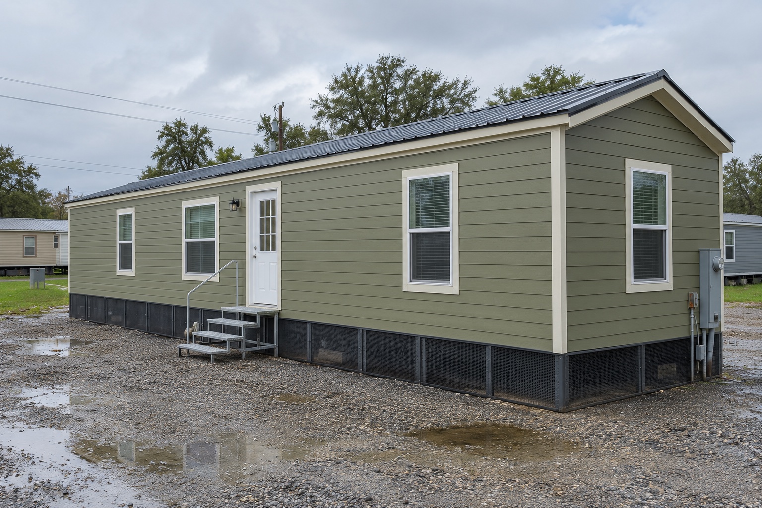 Realistic concept of the Vista 384 olive compact mobile home on a damp Louisiana dealer lot