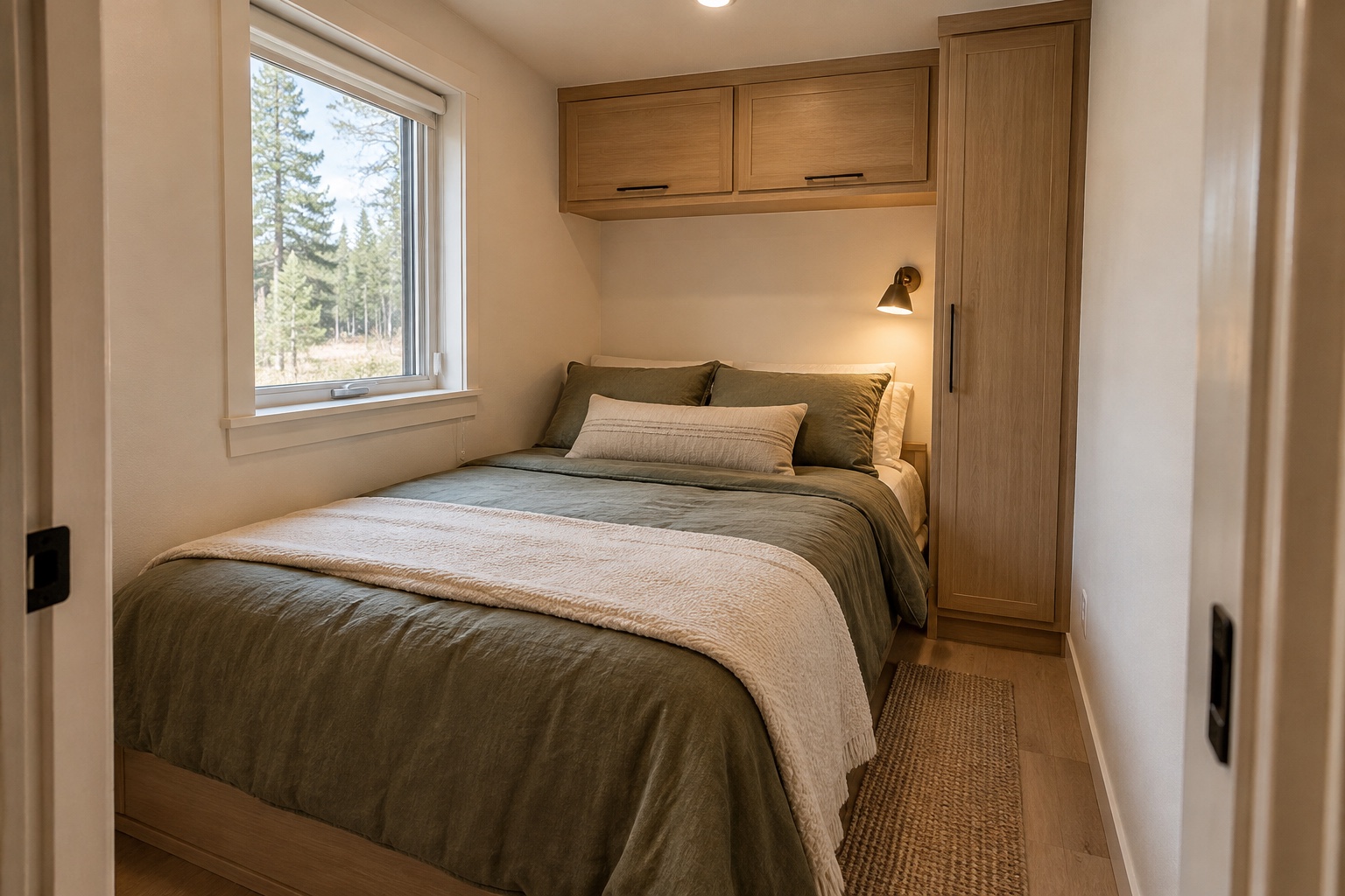 Compact full-bed room with overhead cabinets and shallow wardrobe inside the Waypoint 256 trailer home