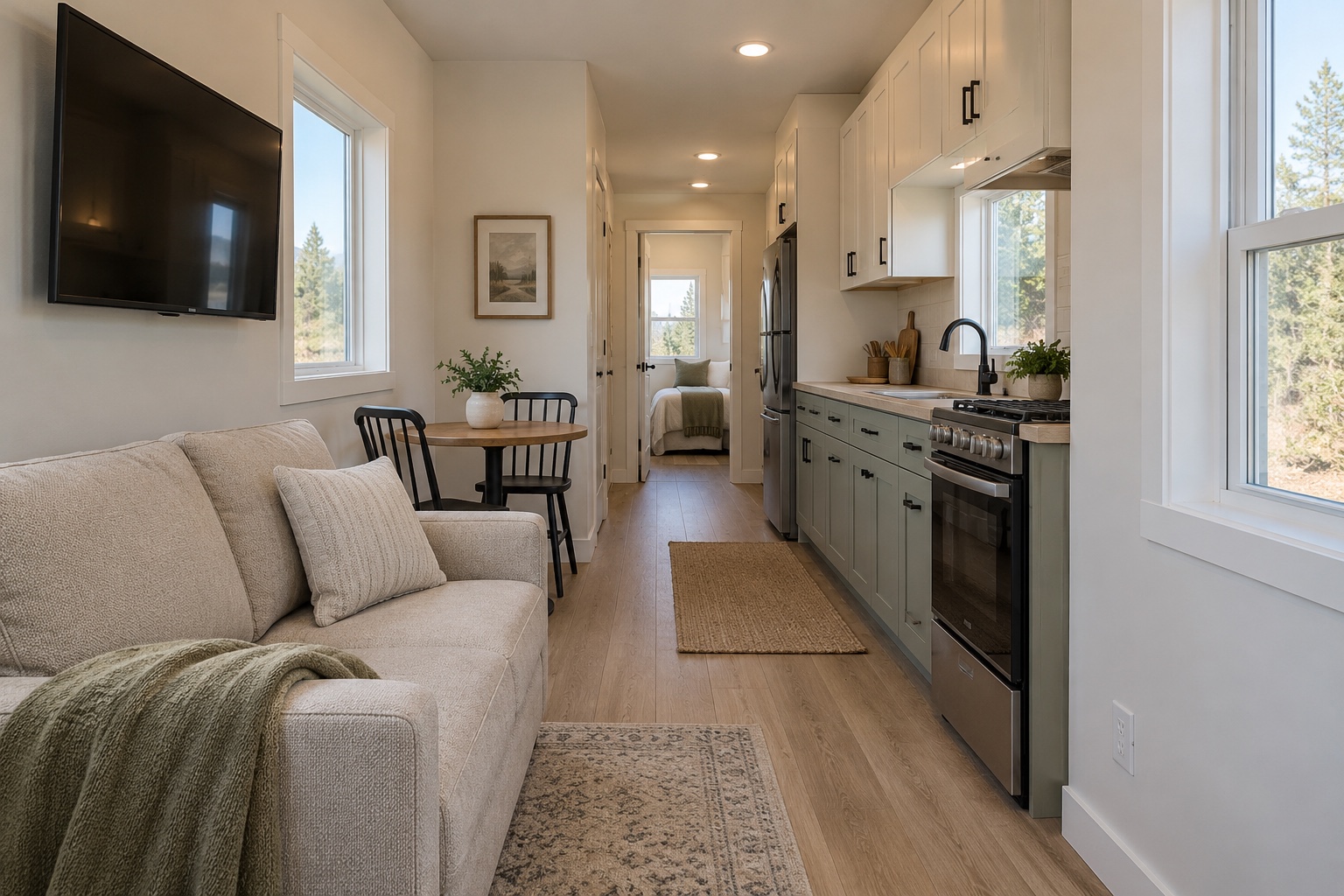 Photorealistic narrow living room and one-wall kitchen inside the Waypoint 256 trailer home
