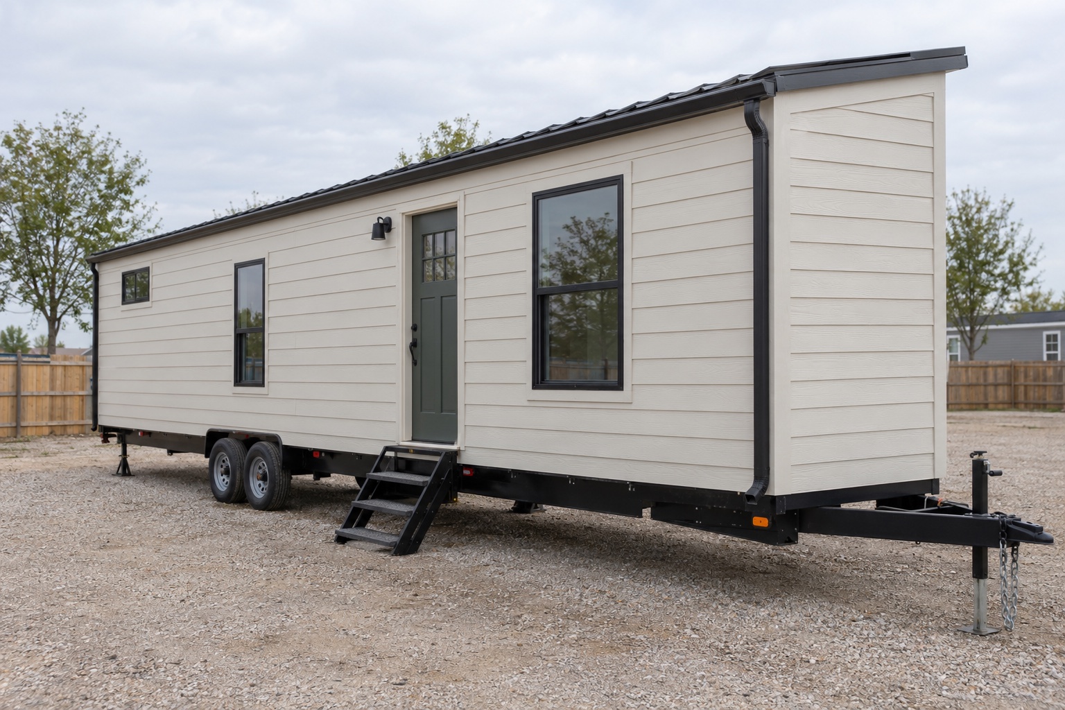 Photorealistic warm-white Waypoint 256 tiny home on a tandem-axle trailer in a north Texas dealer yard
