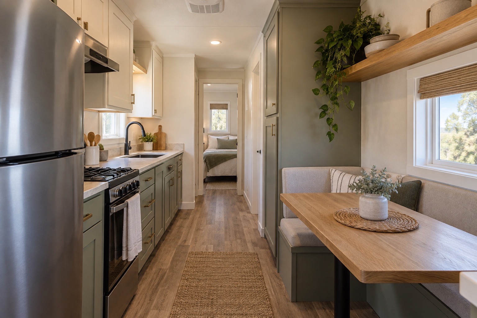 Front galley kitchen with apartment appliances and window-side dining nook inside the Willow 399