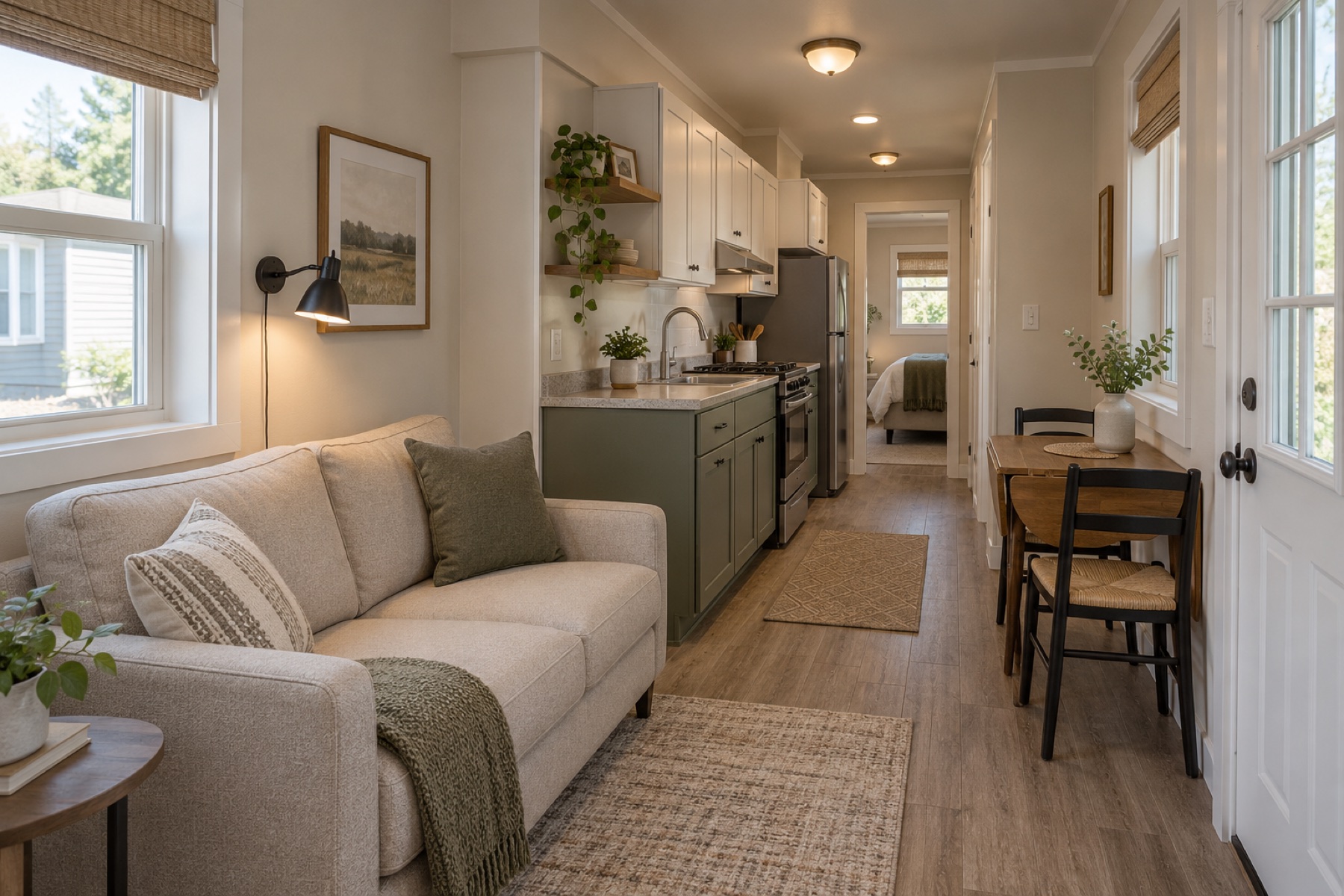 Realistic narrow living room, dining nook and galley kitchen inside the Willow 399 park model