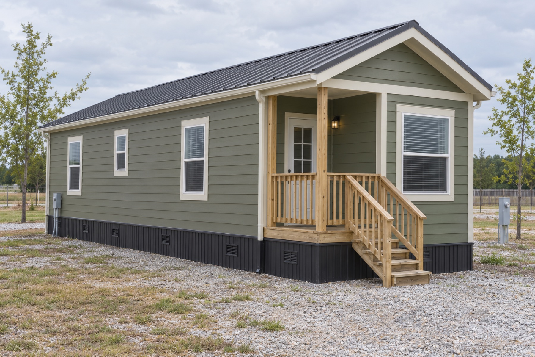 Realistic concept of the Willow 399 olive-green park model on a modest Texas dealer lot